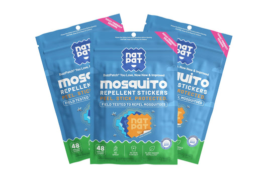 Three packs of the NatPat BuzzPatch mosquito repellent stickers