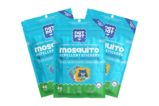 Three packs of NatPat BuzzPatch mosquito repellent stickers in blue and green packaging showing 48 field-tested plant-based stickers per pack.